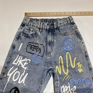 SHEIN Women's Blue Denim Graphic Graffiti Straight High Rise Jeans XS 5-Pocket